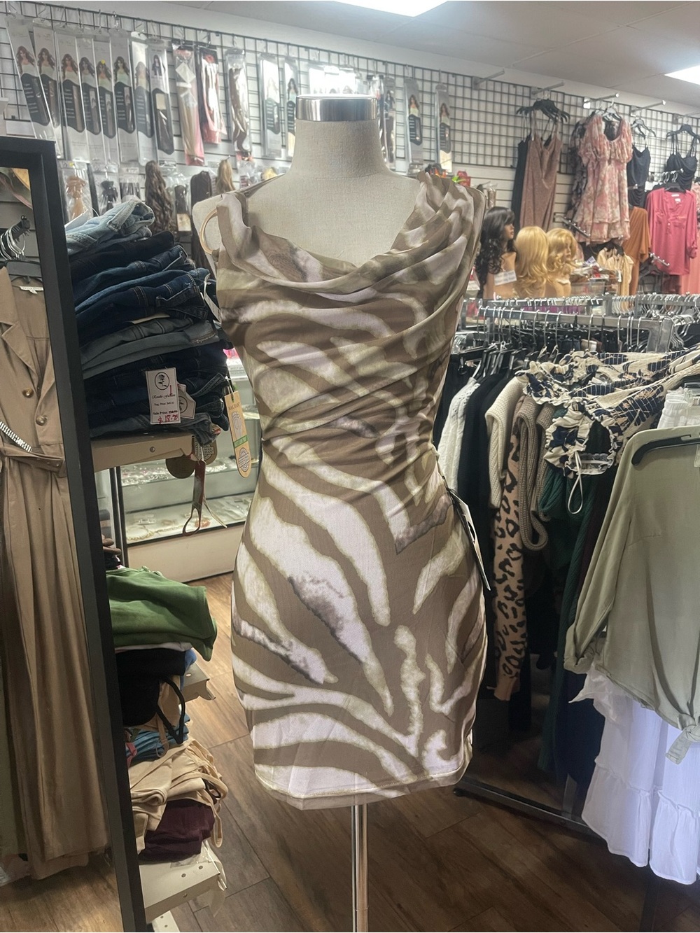 Olive Zebra-Print Cowl Neck Mini Dress